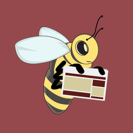Burlington Buzz shirt design. Bee holding newspaper.